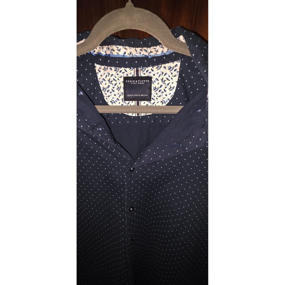 Denim & Flower Ricky Singh Navy Blue Polka Dot Short Sleeve Shirt Mens XL